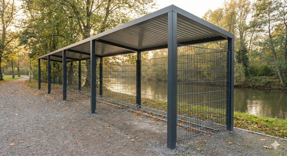 Metalowa wiata rowerowa z ciemną konstrukcją stalową i stojakami na rowery nad rzeką