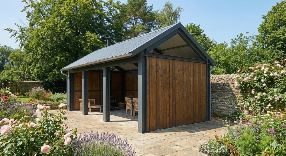 Stalowo-drewniana pergola tarasowa z stolikiem i krzesłami na kamiennej posadzce w ogrodzie