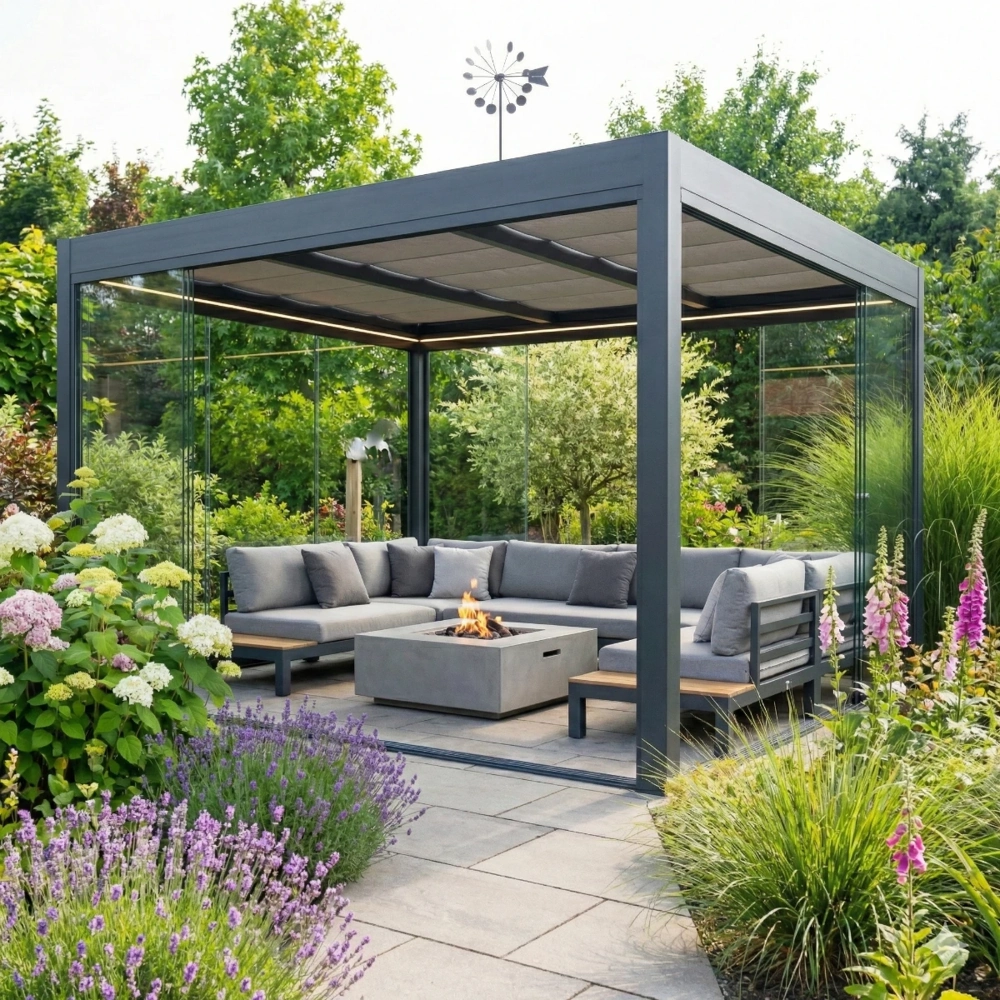 Nowoczesna pergola tarasowa ze stalową konstrukcją, sofą i paleniskiem w ogrodzie