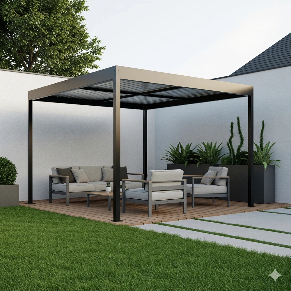 Pergole tarasowe z metalową konstrukcją i meblami wypoczynkowymi na drewnianym tarasie