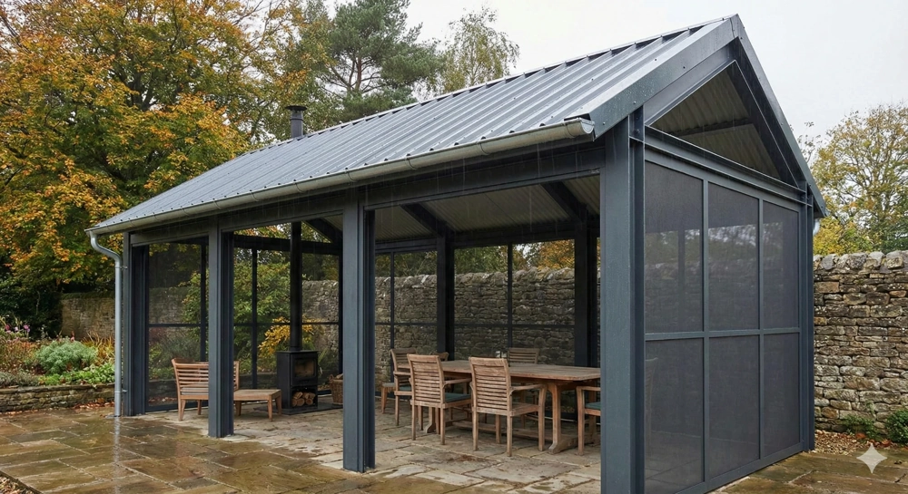 Stalowa pergola tarasowa z zabudowanymi siatkowymi panelami i drewnianym stołem z krzesłami