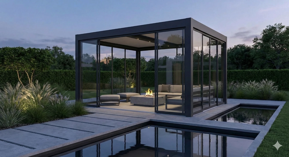 Metalowa pergola tarasowa ze szklanymi ścianami, wyposażona w meble ogrodowe i kominek obok basenu